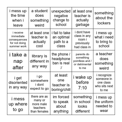 first day school Bingo Card