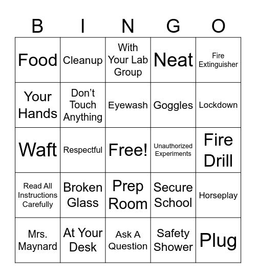 Science Safety Bingo Card