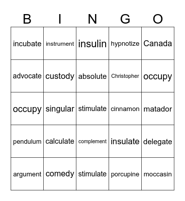 schwa Bingo Card