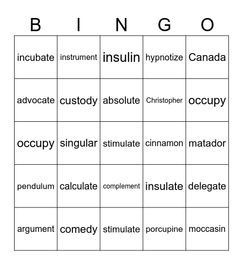 schwa Bingo Card