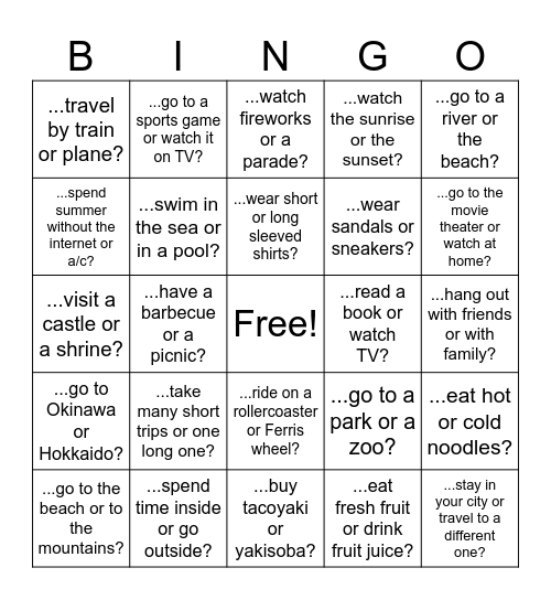 Would You Rather....?  (Summer Vacation) Bingo Card
