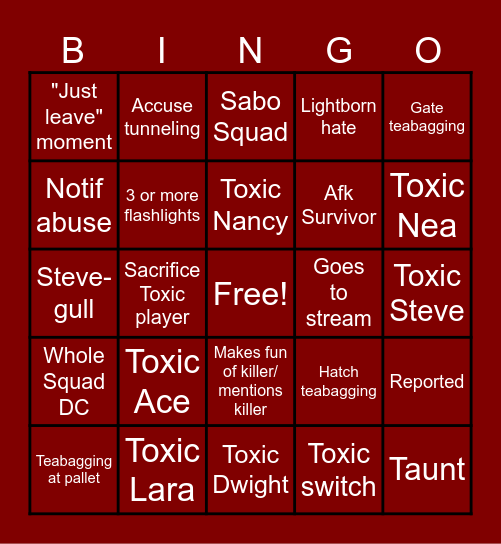 Toxic DBD Bingo Card