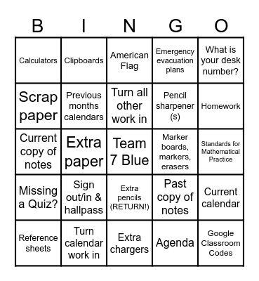 7 Blue Back to Math Class Bingo Card