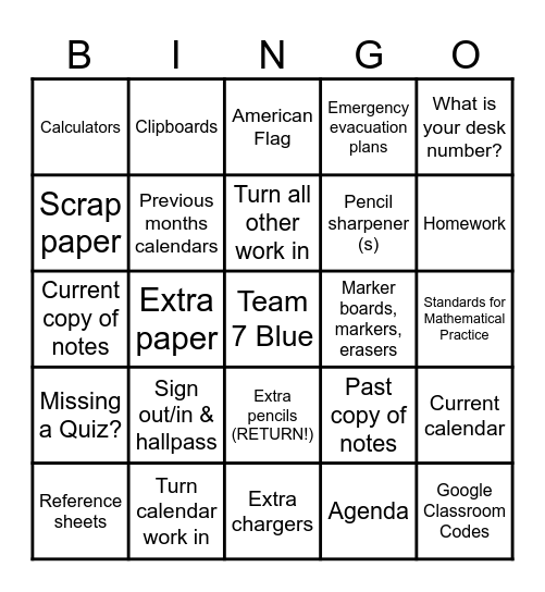 7 Blue Back to Math Class Bingo Card