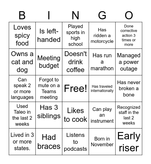 Getting to know you Bingo Card