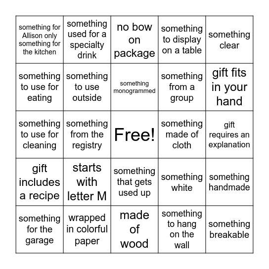 Allison's Shower Bingo Card