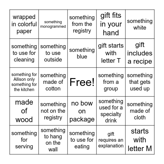 Allison's Shower Bingo Card