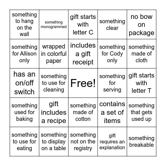 Allison's Shower Bingo Card