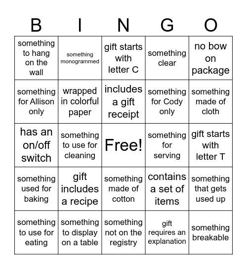 Allison's Shower Gifts Bingo Card