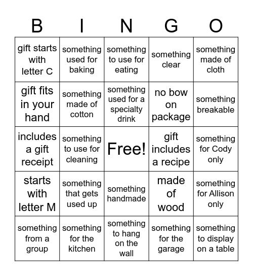 Allison's Shower Gifts Bingo Card