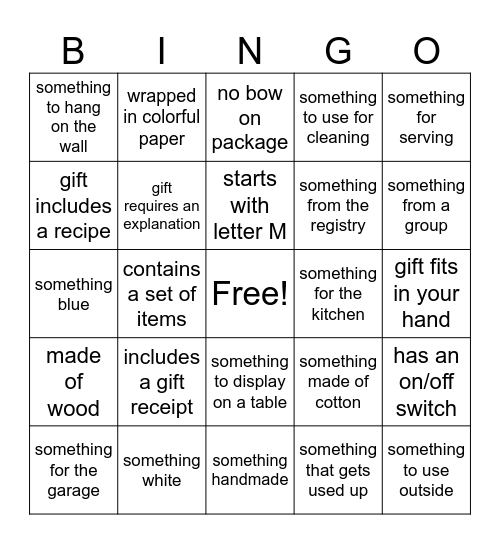 Allison's Shower Gifts Bingo Card