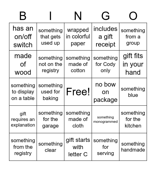 Allison's Shower Gifts Bingo Card