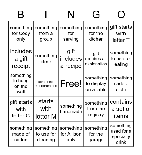 Allison's Shower Gifts Bingo Card