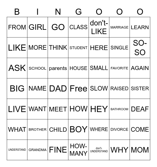 Sign Language Vocabulary Bingo Card