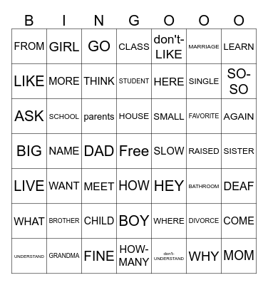 Sign Language Vocabulary Bingo Card