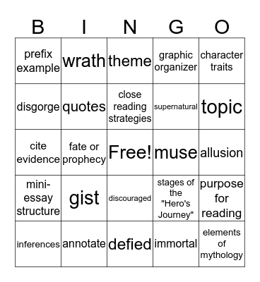 English Language Arts Bingo Card