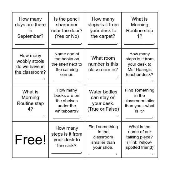 Classroom Scavenger Hunt Bingo Card