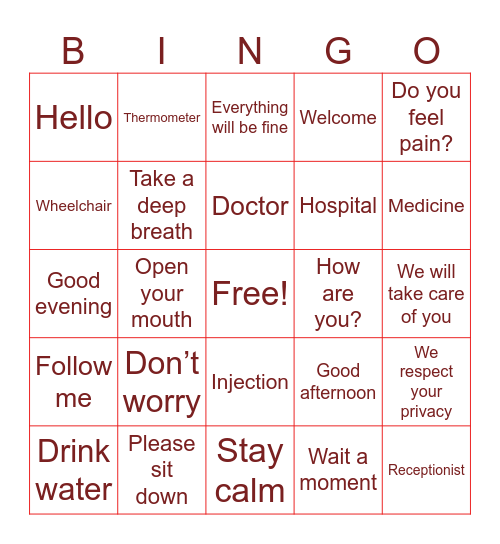 Saludos, Presentaciones, roles del personal de enfermería y Frases comunes para trato digno al paciente Bingo Card