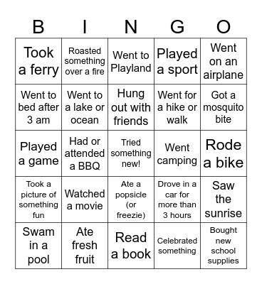 Summer Bingo Card
