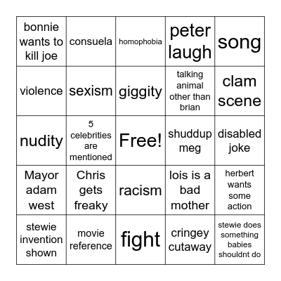 Family Guy Bingo Card