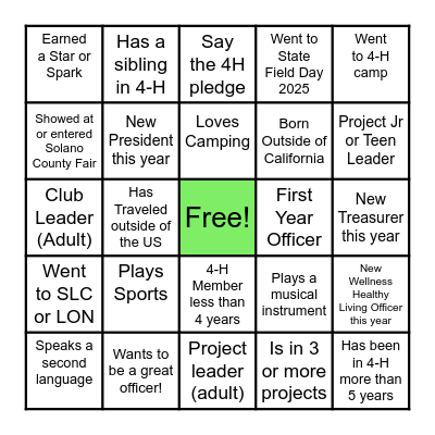 Solano County 4-H Get To Know You Bingo Card