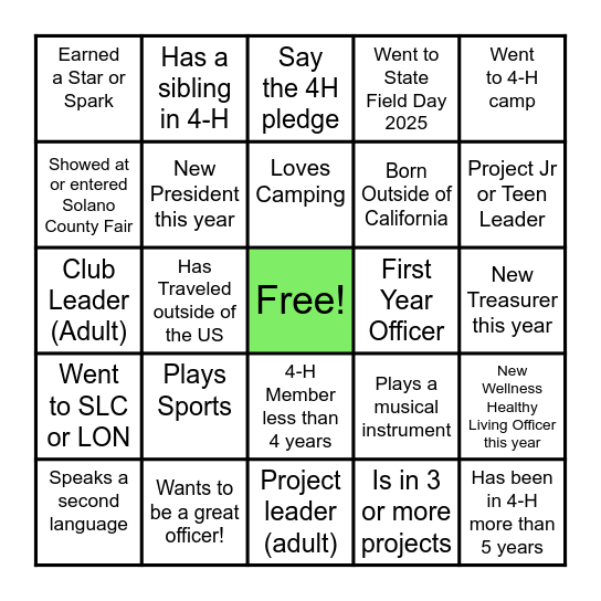 Solano County 4-H Get To Know You Bingo Card