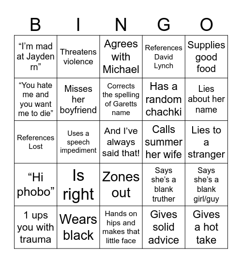 Brooke Bingo Card