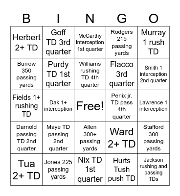 QUARTER BACK 2025 Bingo Card