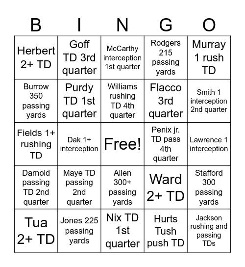 QUARTER BACK 2025 Bingo Card