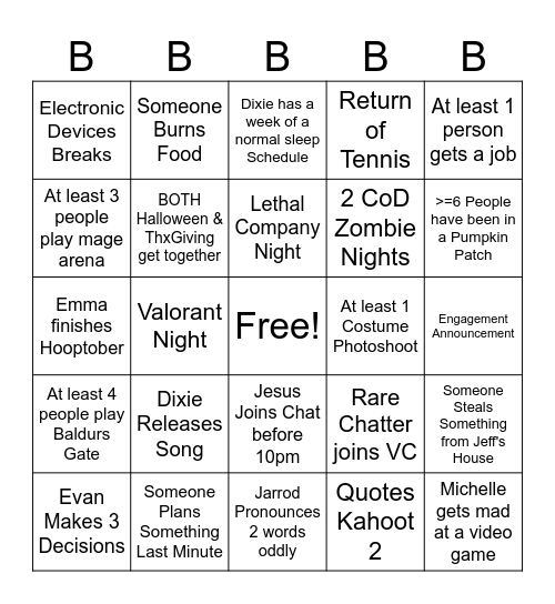 Bs Server Bingo Fall (Sep - Nov) Bingo Card