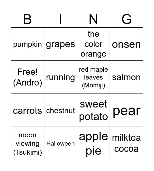 Fall Bingo Card