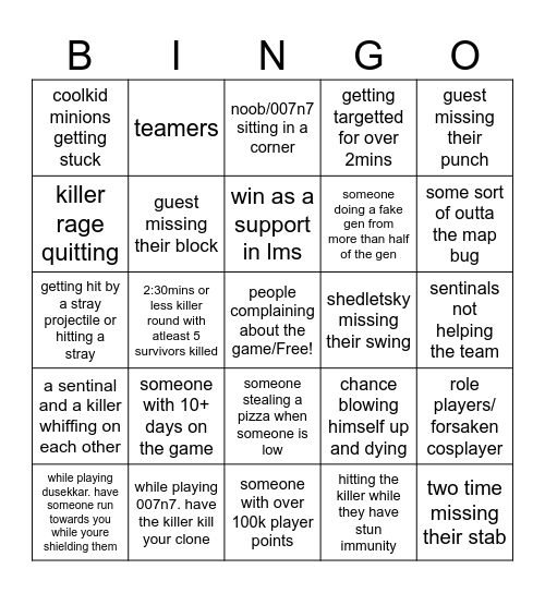 forsaken bingo board Bingo Card