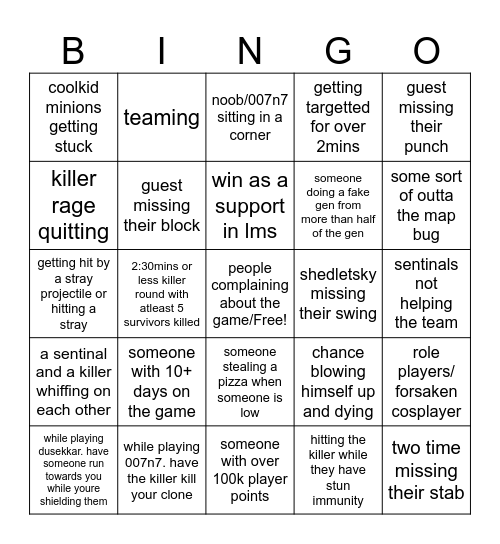 forsaken bingo board Bingo Card
