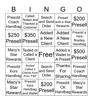 Macy's Friends & Family Presale Bingo Card