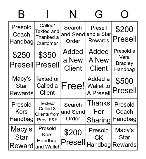 Macy's Friends & Family Presale Bingo Card