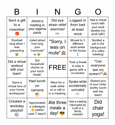 Remote Work Bingo Card