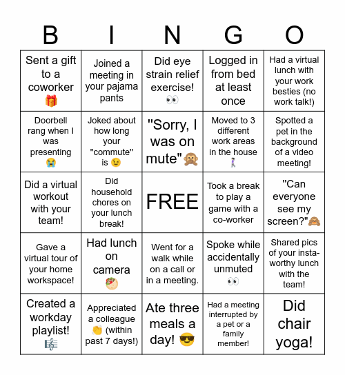 Remote Work Bingo Card