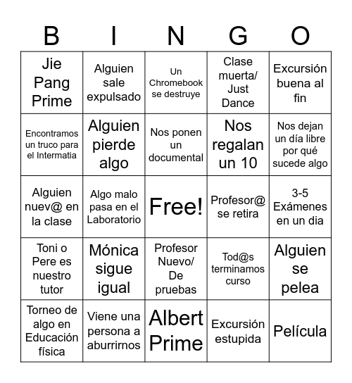 Bingo 4 ESO Bingo Card