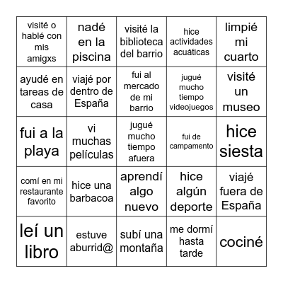 MI VERANO Bingo Card