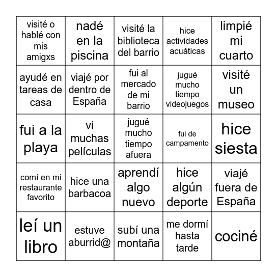 MI VERANO Bingo Card