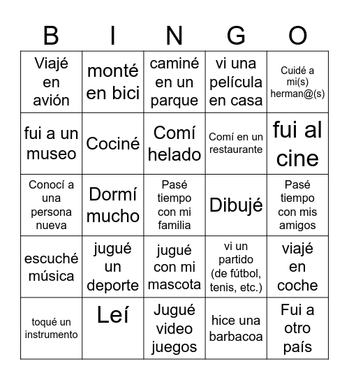 ¿Qué hiciste durante tus vacaciones? Bingo Card