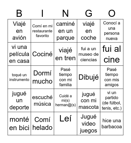 ¿Qué hiciste durante tus vacaciones? Bingo Card