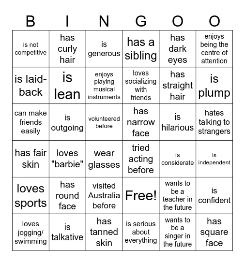 Get to know your classmates! Bingo Card