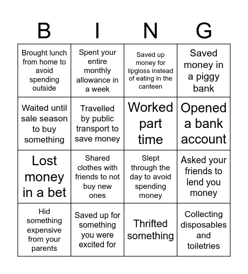 Budgeting Bingo Card