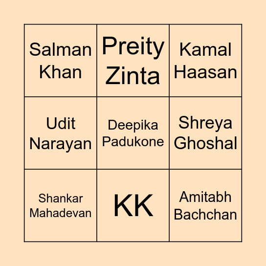 Bollywood Bingo Card