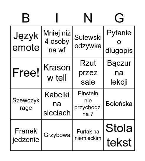 Szkolne bingi Bingo Card