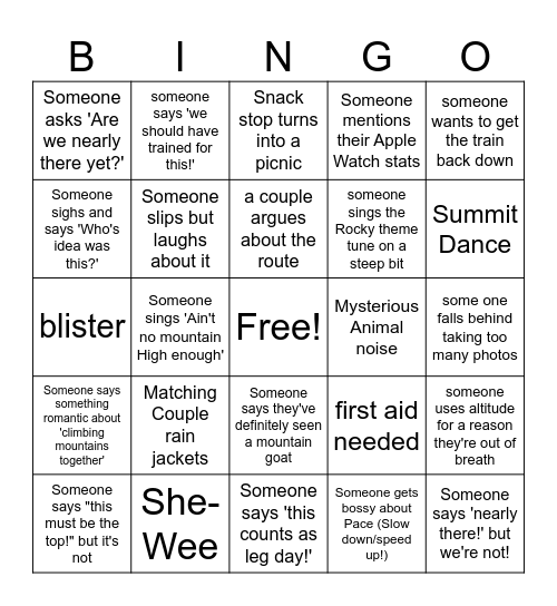 Snowdon Bingo Card