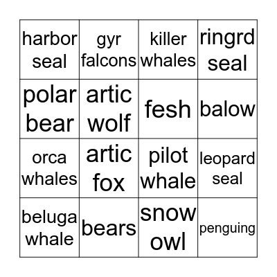 artic animals biomes  Bingo Card