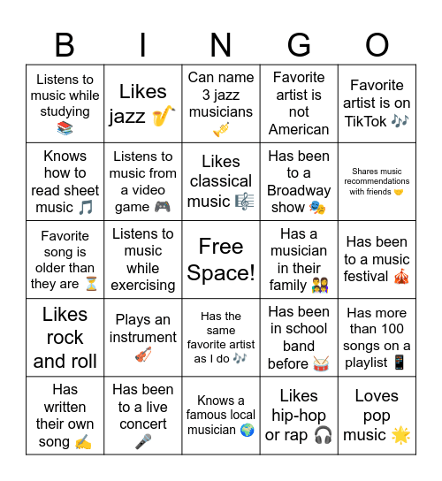 Music Bingo Card