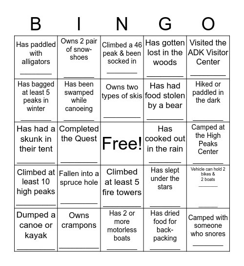 ADK 50TH ANNIVERSARY BINGO Card